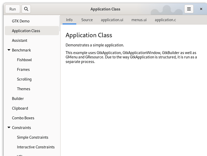 Screenshot of the GTK Demo's main window with the Application Class demo selected.