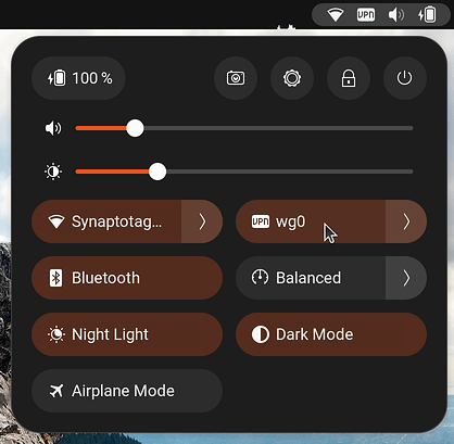 GNOME Shell menu with “wg0” button