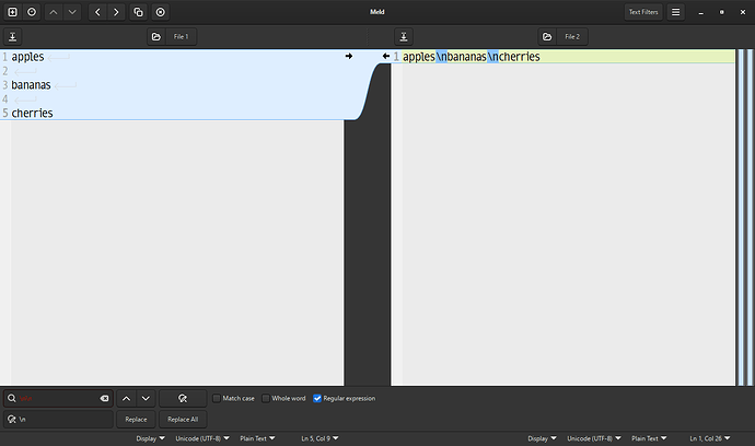 meld replacing two line breaks with one using regex