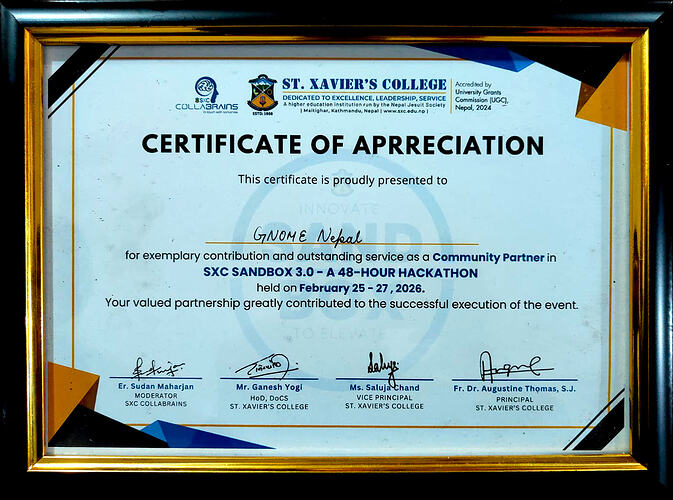 GNOME Nepal Certificate of Appreciation