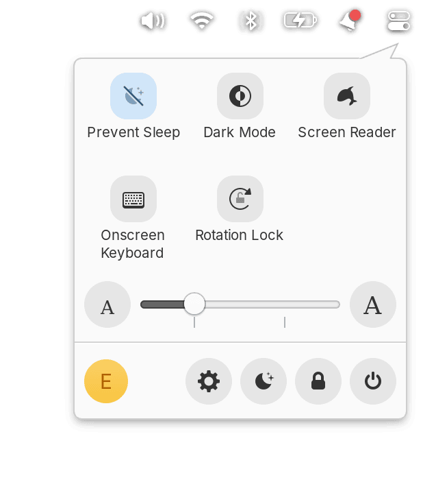 Screenshot of elementary Quick Settings, showing a user action button to the bottom left corner, and the power action button to the bottom right.